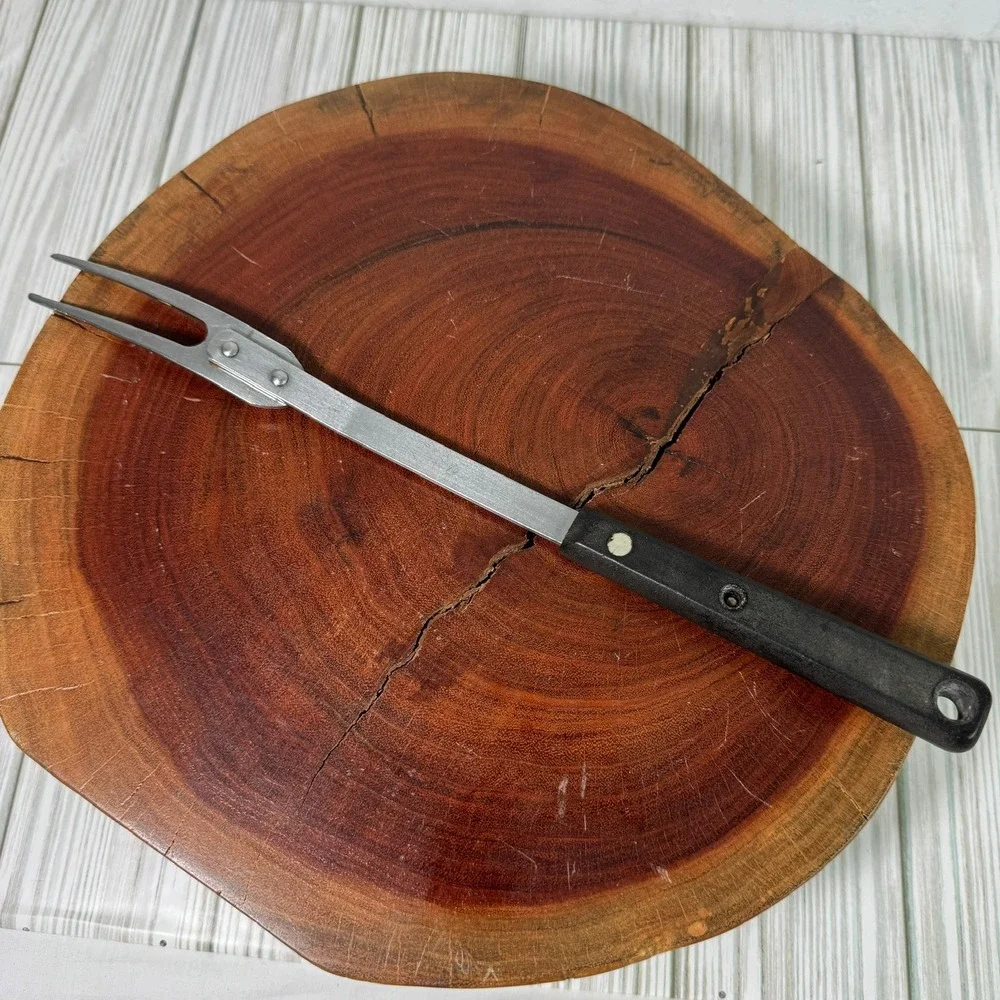 Vintage Ekco Forge Stainless Steel Meat Carving Fork USA Black Handle 2 Tine